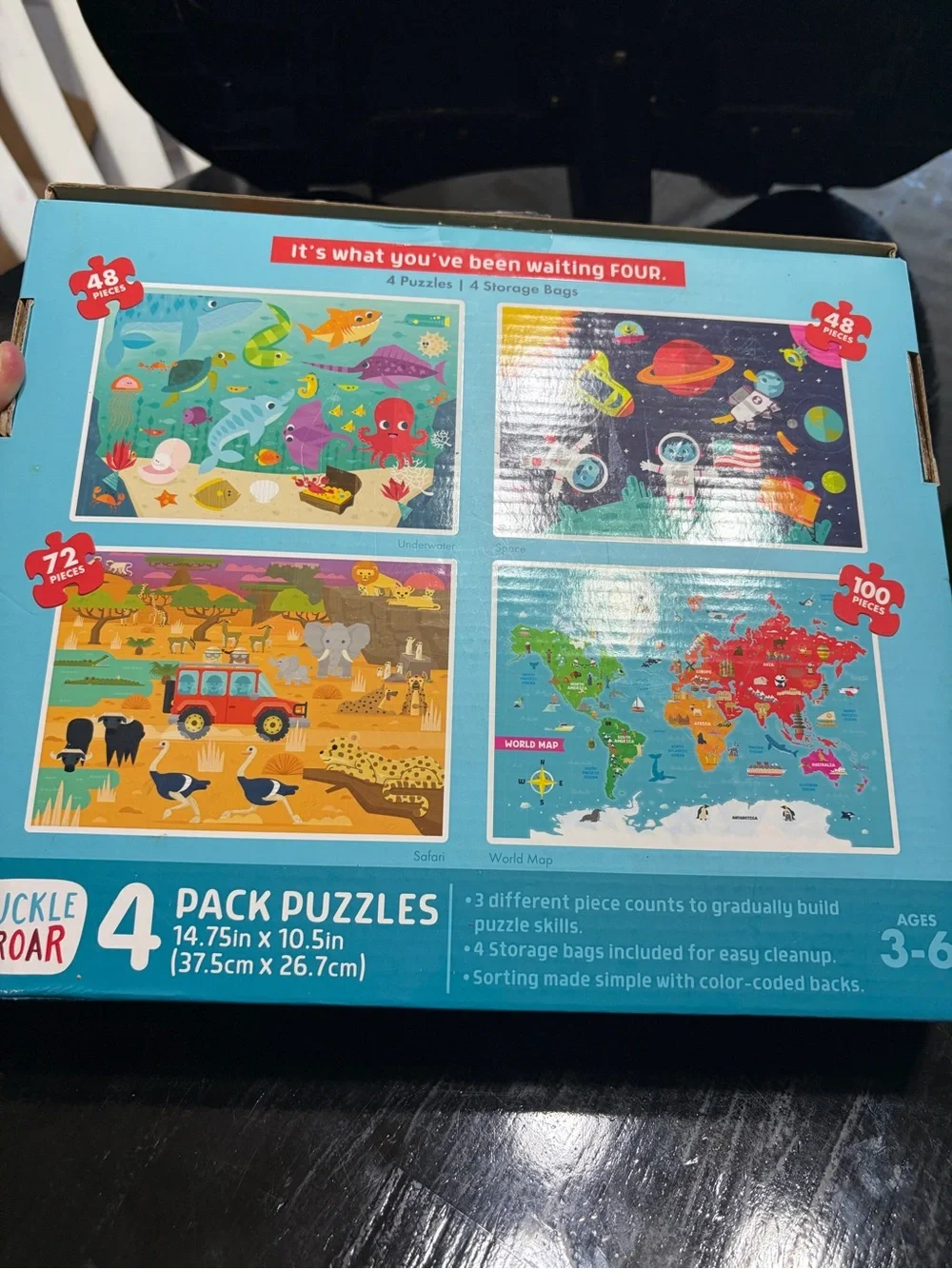 Chuckle & Roar 4-Pack Kid Puzzles Ocean Space World Map Safari 48 72 & 100 piece